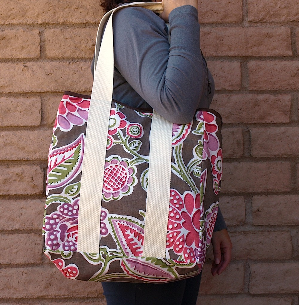Taupe Floral Market Shopping Bag Tote SOPHIA