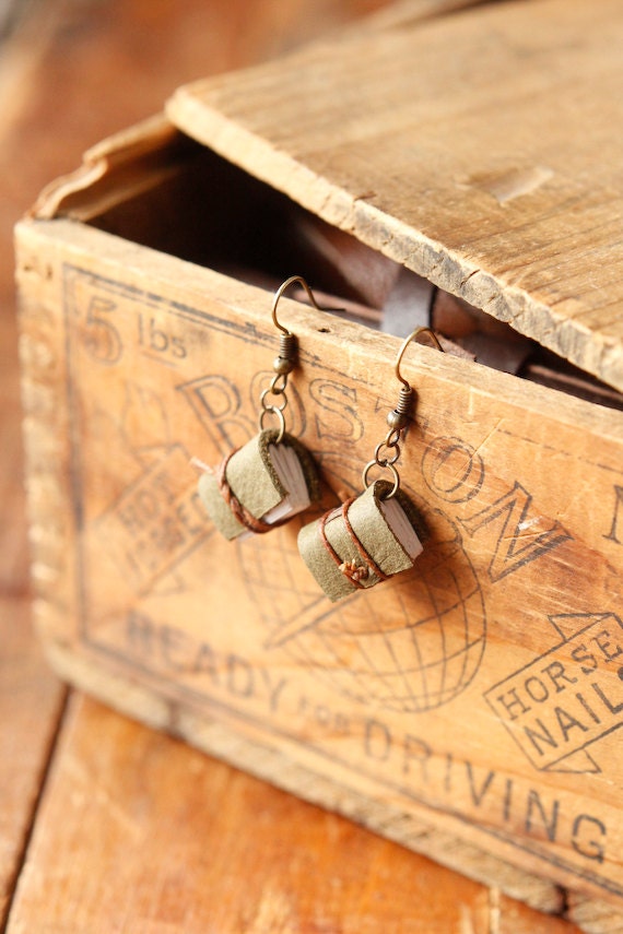 Green Mini Leather Journal Earrings - Handmade Book Jewelry
