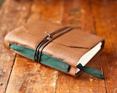 Leather Journal with Bookmark - Brown and Green Handmade Journal