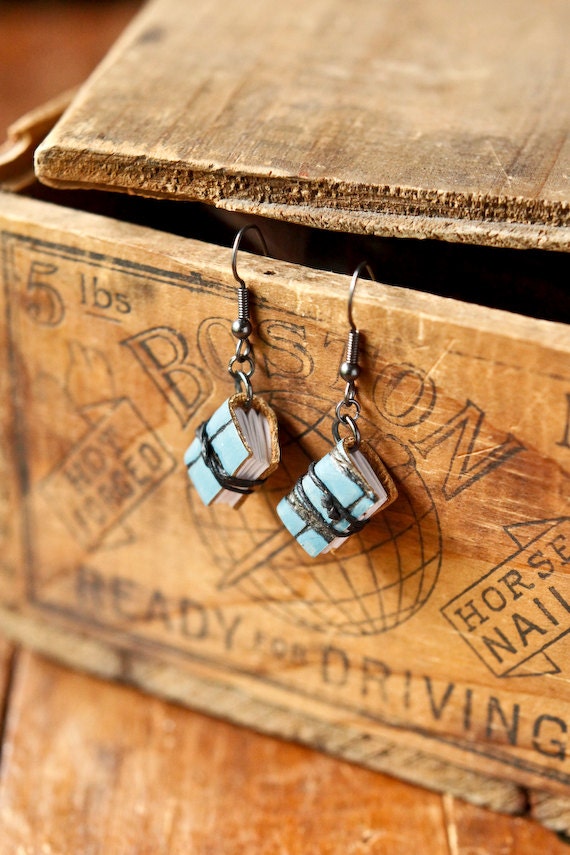Mini Leather Journal Earrings - Blue Handmade Book Jewelry