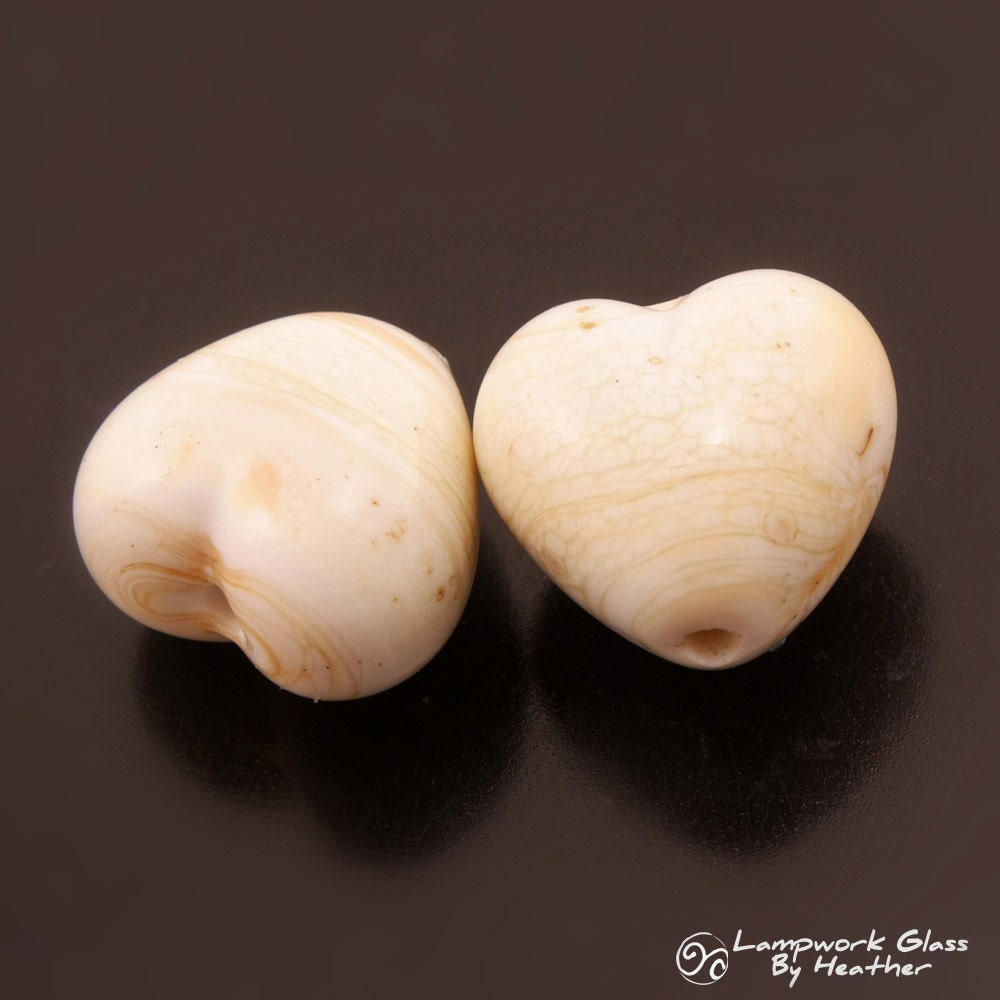 Handmade Lampwork Heart Beads Crackle Ivory Cream Earring Pair Heather Behrendt BHV SRA LETeam