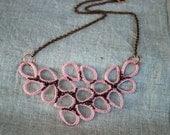 Pink Crochet Necklace. Bib. Leaves. Beaded. Lightweight Jewelry.
