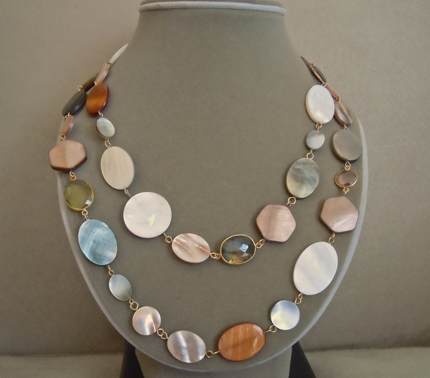 NEW Beach Comber -- Mother of Pearl, Labradorite, Peach Quartz, Lemon Quartz, and Smokey Quartz connector necklace