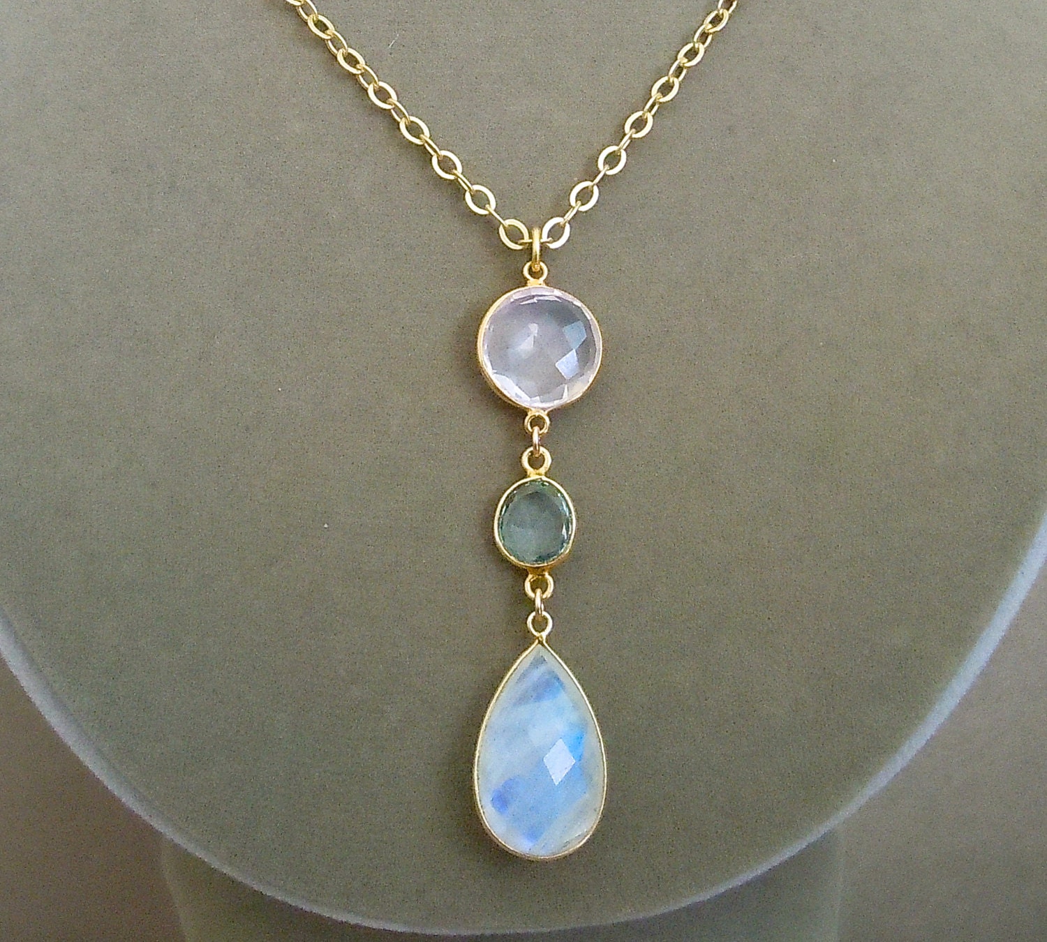 NEW Sorbet -- One of a Kind -- Rose Quartz, Blue Quartz, and Rainbow Moonstone Focal necklace