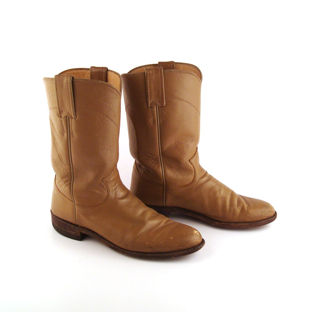 Brown Cowboy Boots Vintage 1980s Justin Roper Distressed Taupe Tan Women's size 7