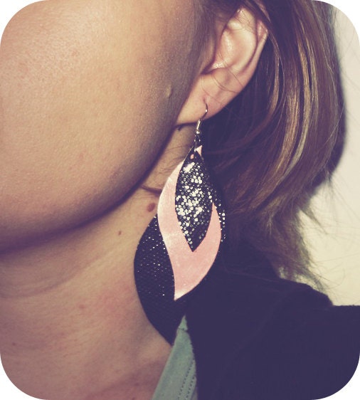 Leather Leaf Earrings Pink and Black Patent