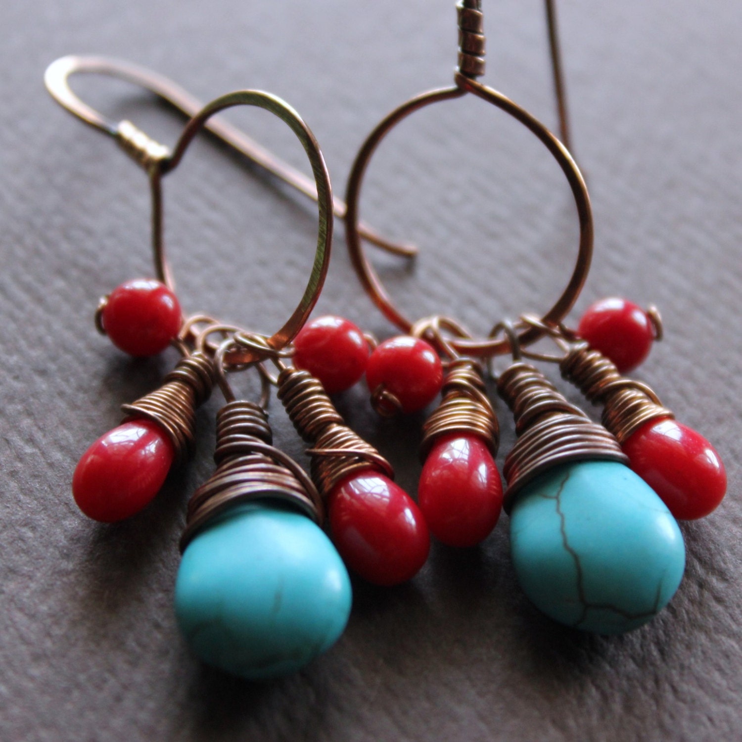 Turquoise and coral copper earrings - Padma