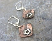 Copper, Sterling Silver, Earrings, Dangle, Flowers, texture, Handmade, square, Birthday, Anniversary, Gift