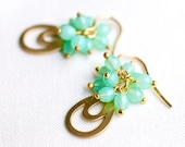 Teardrop Earrings - Vintage raw brass teardrop charm and mint glass beads - drop earrings - gold plated 925 silver hook - Mother's Day Gifts
