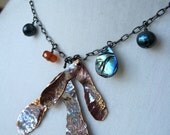 Memorial Day SALE Whirlybird lariat - carnelian, MOP shell, peacock freshwater pearls and hand forged patina copper whirlybirds