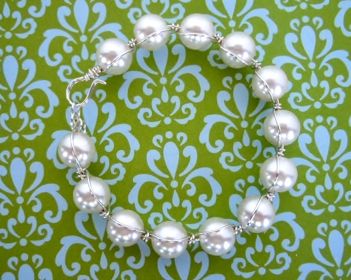 Wire Wrapped Bangle Bracelet by Debbie Renee, White Glass Pearls Wrapped in Silver Plated Wire