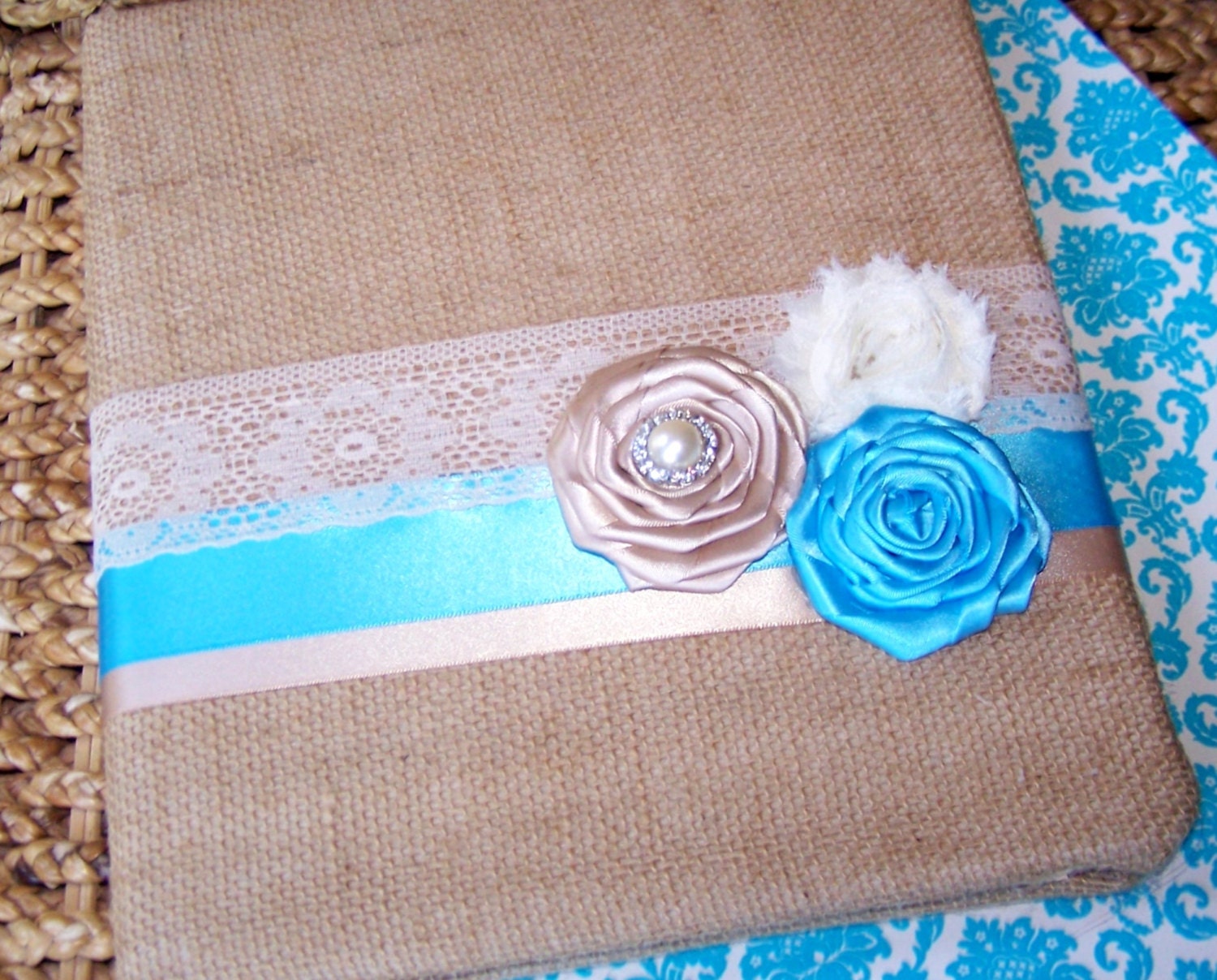 WEDDING GUEST BOOK with Photo Spot - Burlap, Truquoise, Tan and Ivory Lace, Custom colors available