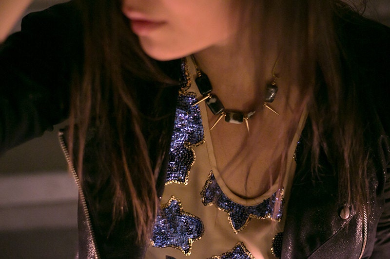 Grey Feldspar and Gold Spike Necklace with Brass Heishi Disc Beads on a Vintage Brass Snake Chain