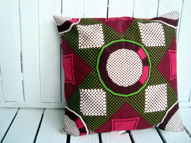 Cushion pillow, African wax print in Hot Pink and Lime Green squares (14 inch)