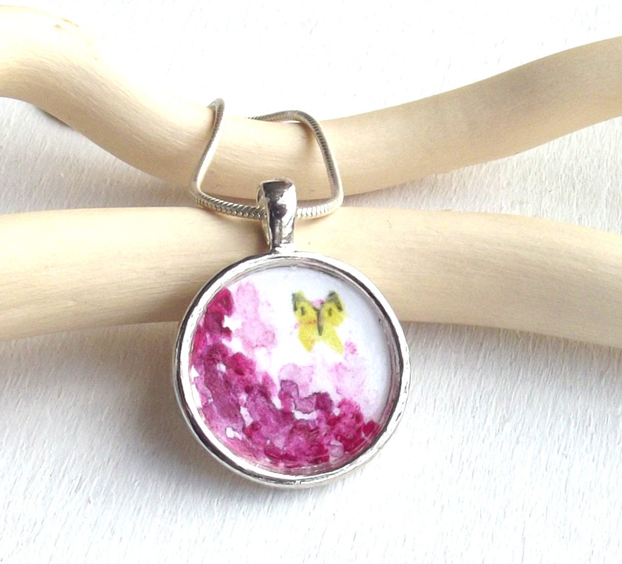 Hydrangea and butterfly - original handpainted art pendant,  watercolor, miniature, necklace, OOAK