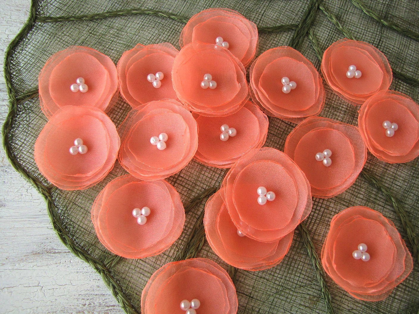 Fabric flower sew on appliques, organza flowers, fabric floral appliques, handmade flowers for crafts (10 pcs)- SHEER CORAL BLOSSOMS
