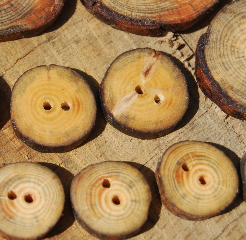14 Wooden Buttons, Mixed Sizes of Pine