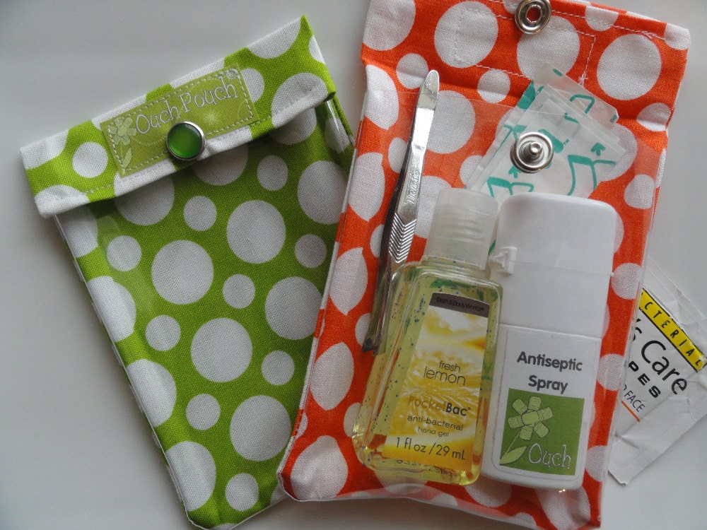 Small Ouch Pouch - Clear Pocket First Aid Travel Organizer for Bag Purse Backpack School ( 4x5 Polka Dots Fabric ) Green or Orange