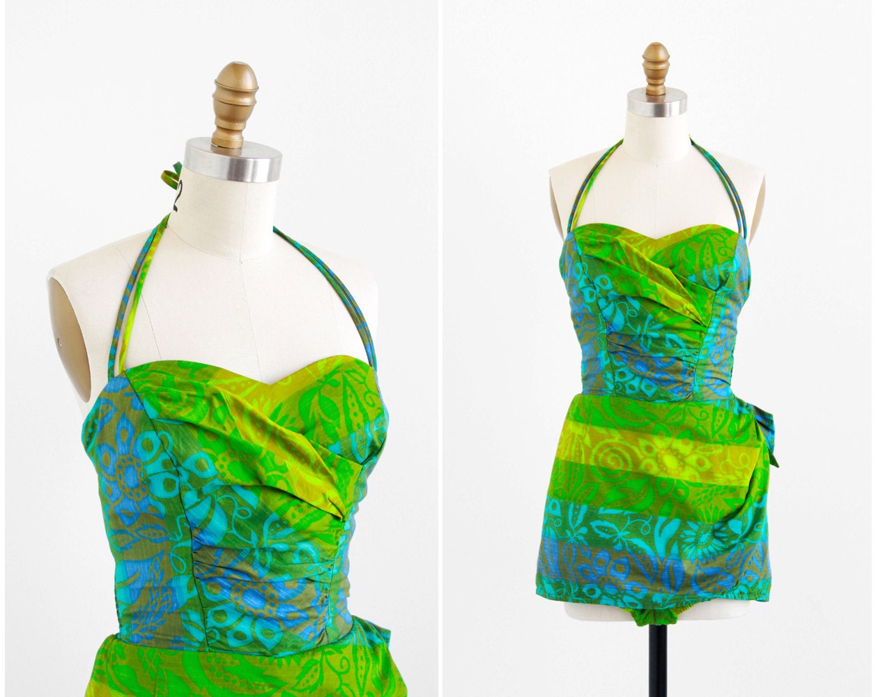 vintage 1960s bathing suit / 1950s bathing suit / Green and Blue Hawaiian Tiki Print Swimsuit