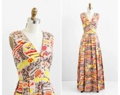vintage 1960s dress / 70s maxi dress / Red and Yellow Batik Print Maxi Dress