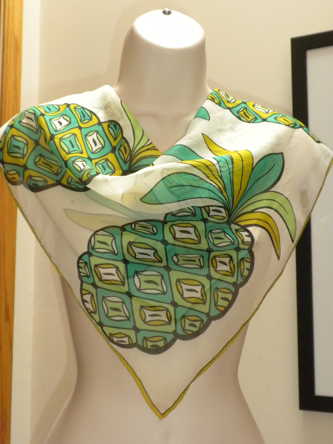 vintage scarf handrolled, triple sheer, all rayon, made in Japan, pineapples