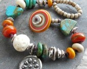 Indian Blanket Southwest Lampwork Bracelet Pumpkin Turquoise Persimmon and Vanilla Knotted with Sterling Nuggets