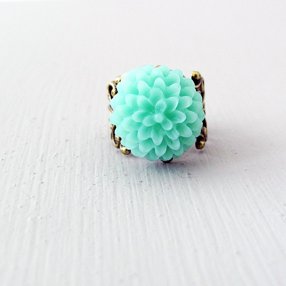 Flower Ring, Light Turquoise Dahlia, Adjustable Filigree Band, Size Small