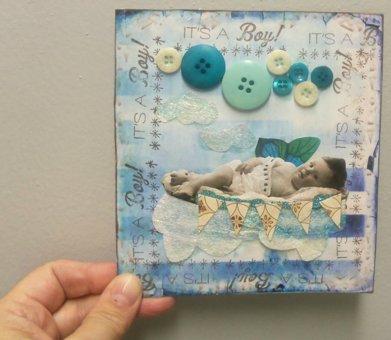 It's a Boy - original mixed media collage published in The Stampers Sampler use WOW50 at checkout for half off