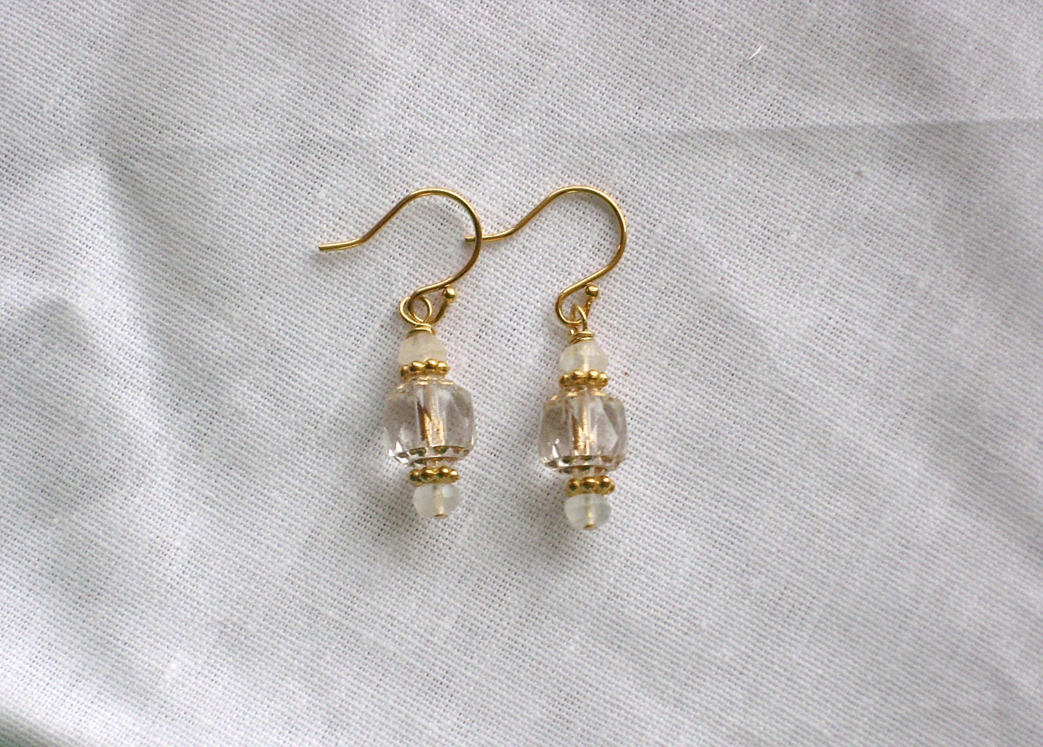 Gold Cathedral Glass and Rainbow Moonstone Earrings on 14k Gold