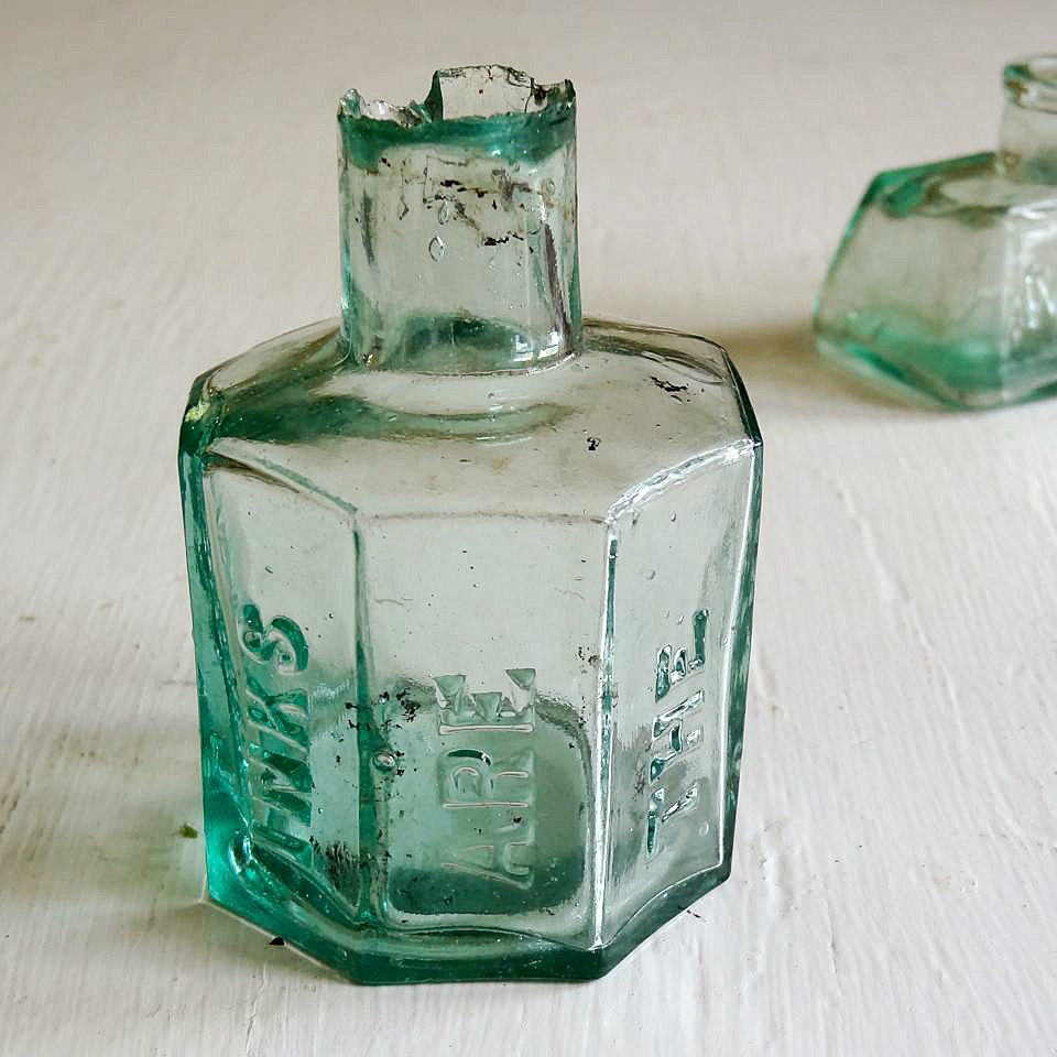 antique ink bottle, octagonal blue green glass, hand blown, SHAWS brand from Europe