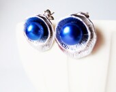 Cobalt blue pearl earrings.  Lotus leaf silver earrings.  Stud post style.