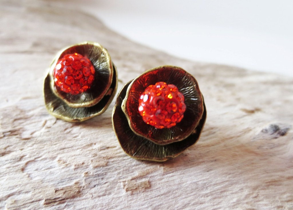 Orange pave crystal lotus leaf earrings.  Stud post style.  Antique bronze.