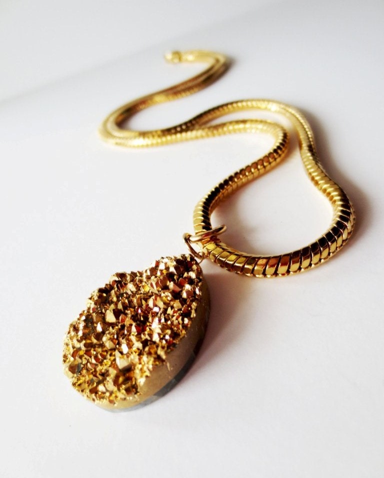 Gold druzy quartz stone pendant necklace.  Gold snake chain.  Extra thick.