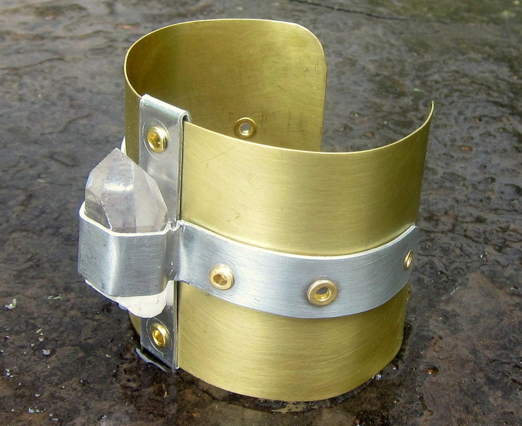 Quartz Crystal Cuff Bracelet in Riveted Brass and Silver / Handmade / Goddess Gear