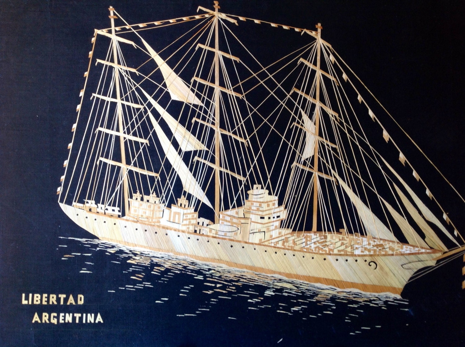 Libertad sailing ship of ARGENTINA. Handmade with dried leaves of rice plant.  Start your leaf art collection