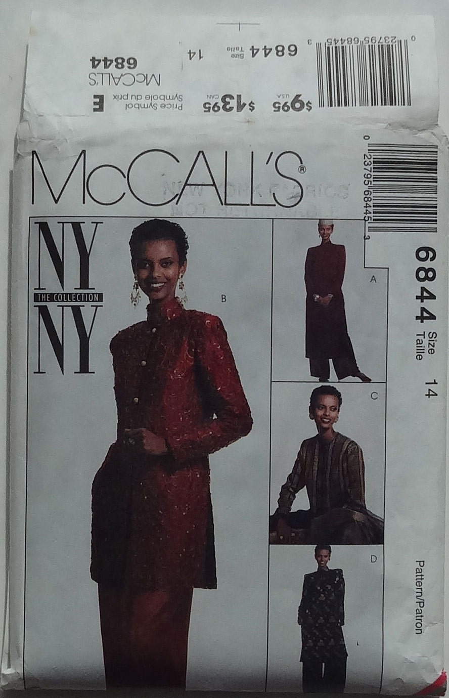 Vintage 1990's McCalls 6844 Sewing Pattern Misses' Lined Jacket in Three Lengths and Tunic  Size 14