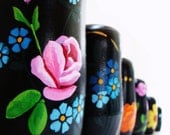 handmade wood folk art  toy nesting dolls... Black Floral and gold