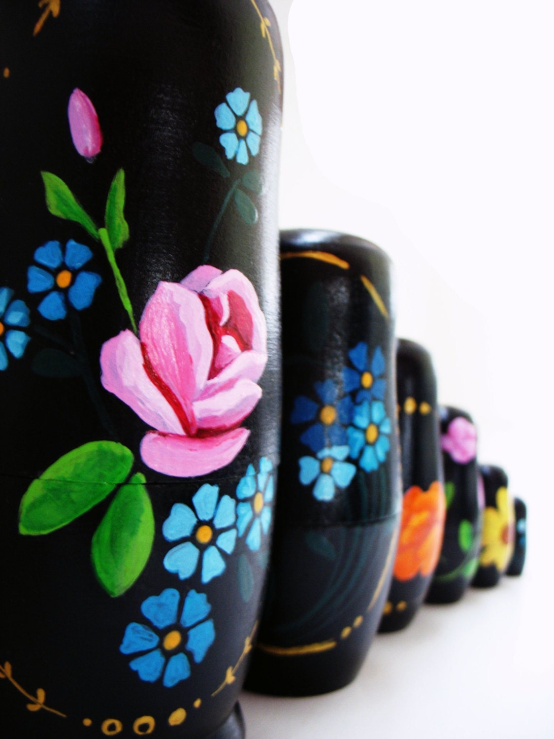 handmade wood folk art  toy nesting dolls... Black Floral and gold