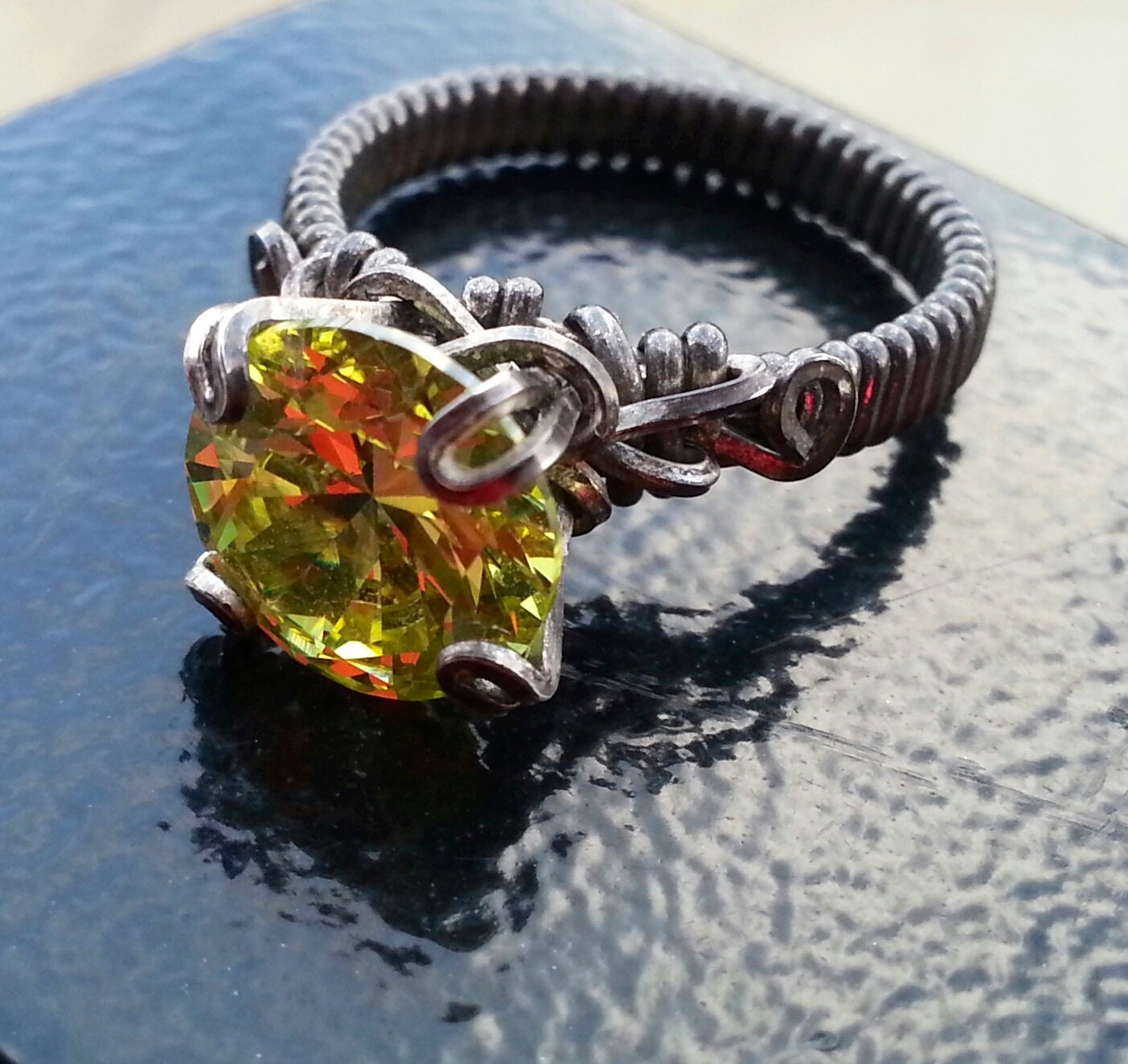 Sterling Silver Ring, Cubic Zirconia, CZ, Antiqued, Yellow, Spring, Cocktail, Gift