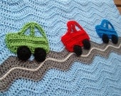 Car Baby Boy Blanket - Crochet Blanket Ripple Afghan - Blue / Gray Ripples with Green, Blue, Red Car Applique - Crochet Chevron Baby Blanket