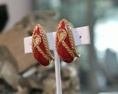Vintage Roped Earrings, Etruscan Styling, Signed Trifari TM, Red Enamel, Gold Trim, Mint Condition