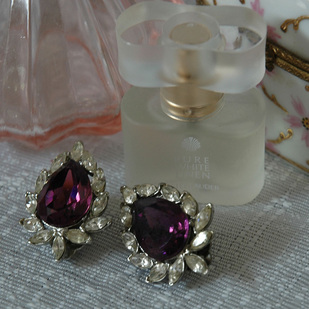 Retro Stannard Earrings, Beautiful Clear and Purple Rhinestones, Regent Design, Excellent Condition