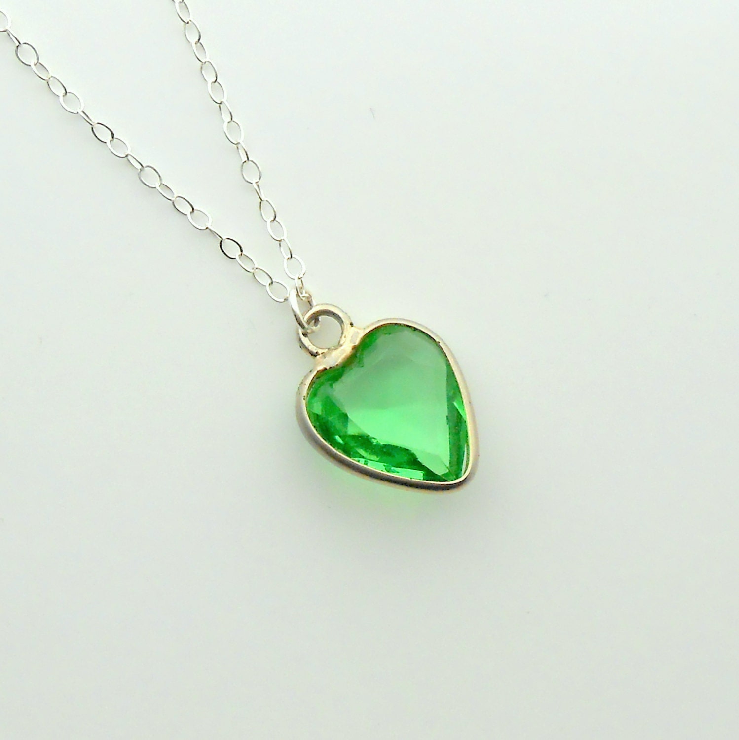 Glass Heart Charm Necklace. Bright Green. Sterling Chain. Vintage Bezel Set Charm.