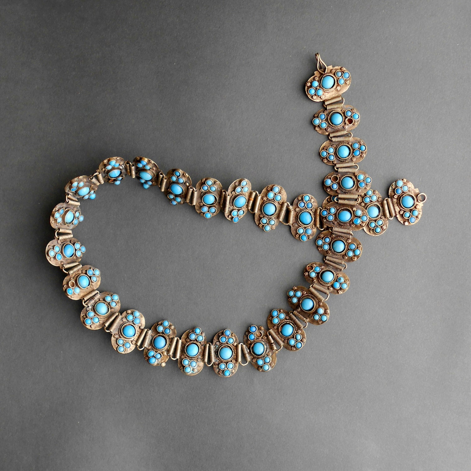 Vintage Tibetan Belt Necklace. Turquoise Glass. Metal.