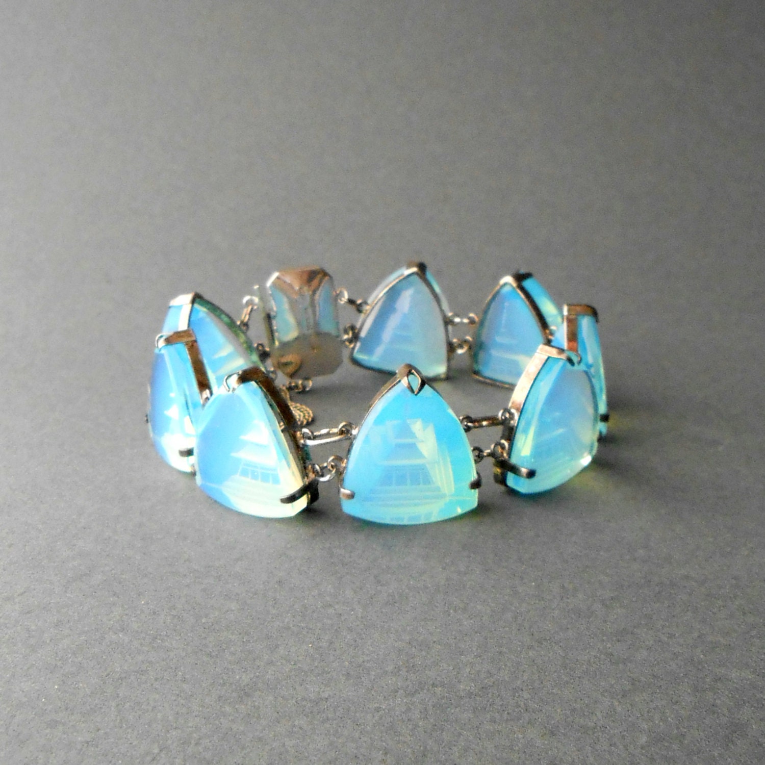 Art Deco Bracelet. Reverse Carved Japanese Moonstone Crystal Pagodas. Sterling Silver.