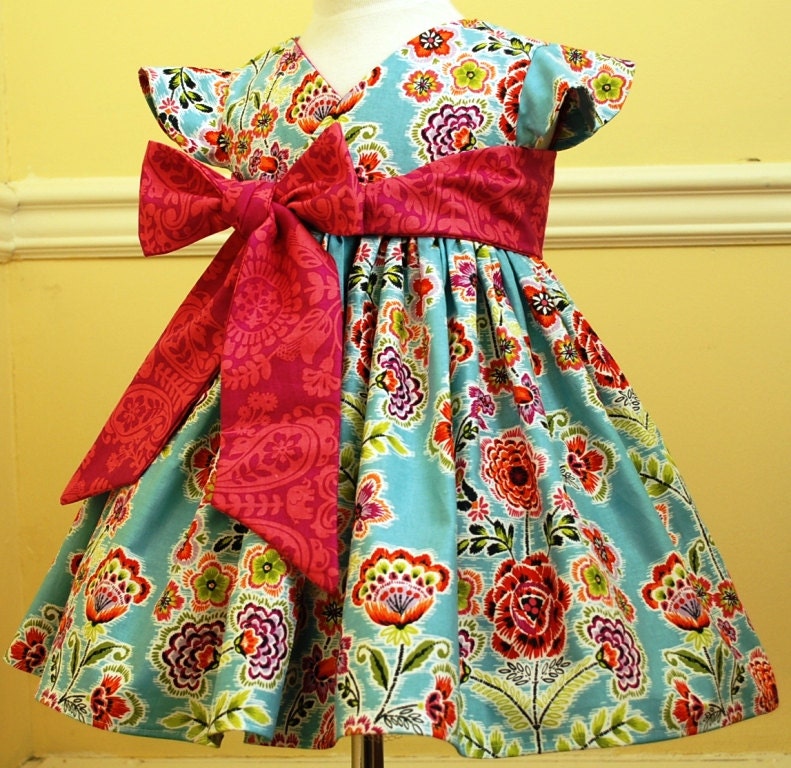 Kyoko style dress with flutter sleeve and full skirt in lovely global bazaar fabric