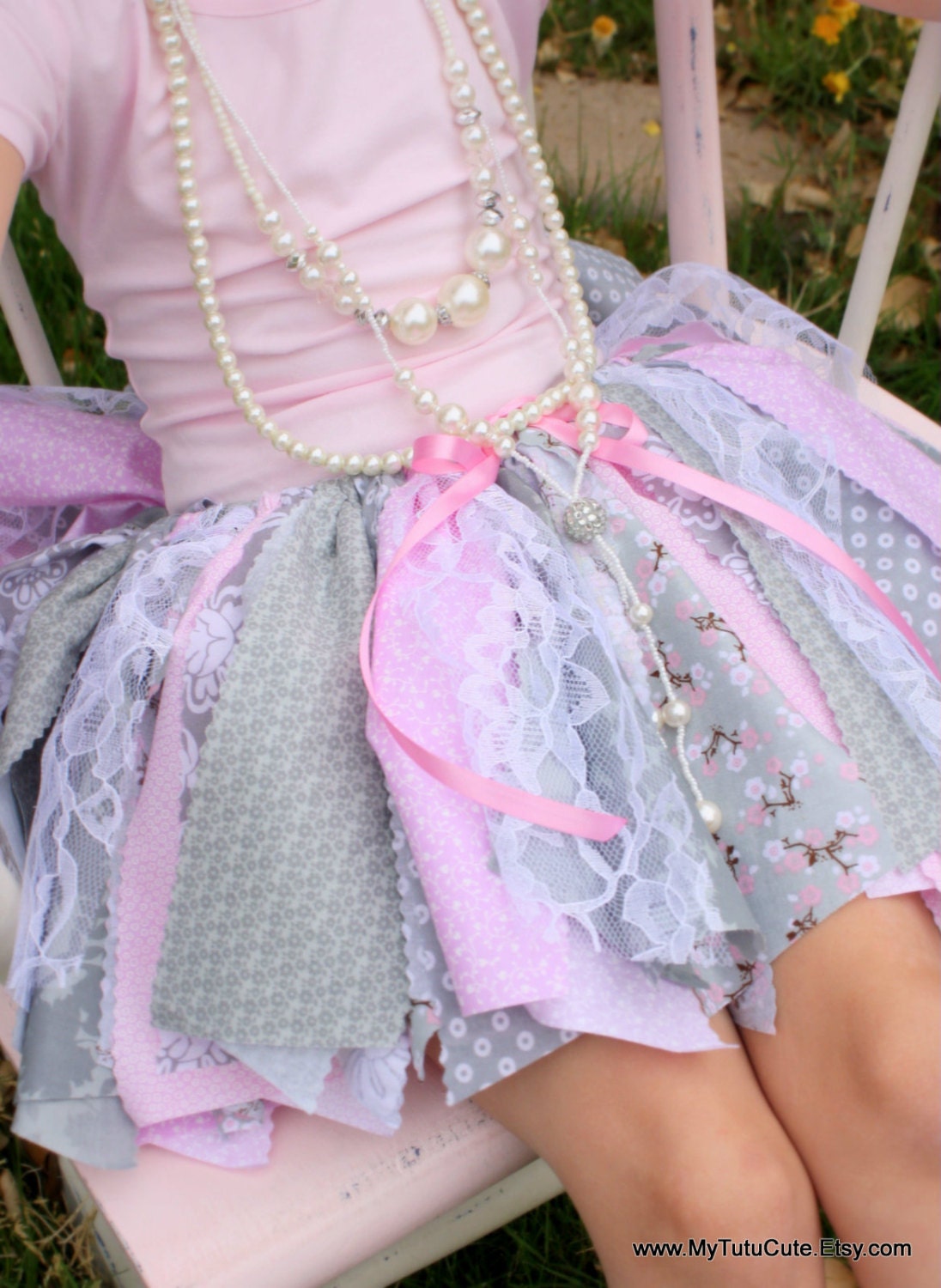 Pink and Grey Fabric Scraps Tutu Skirt  Scrappy Tutu MADE TO ORDER size Newborn to 4T