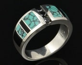 Ladies black diamond ring inlaid with spiderweb turquoise and onyx
