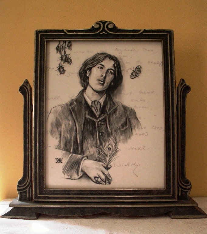 Original Charcoal Drawing of Oscar Wilde in Antique Swing Frame by Alice McMahon