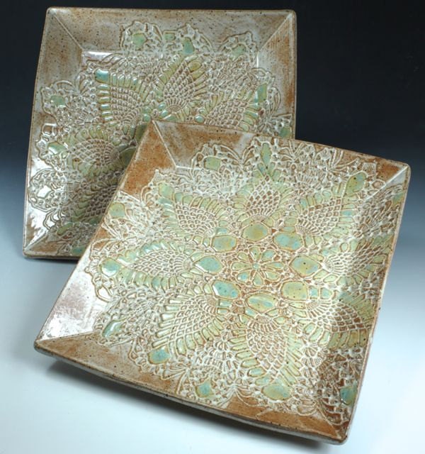 Ceramic Platter - Square Serving Tray - Decorative Tray in Cinnamon and Green Ready to Ship